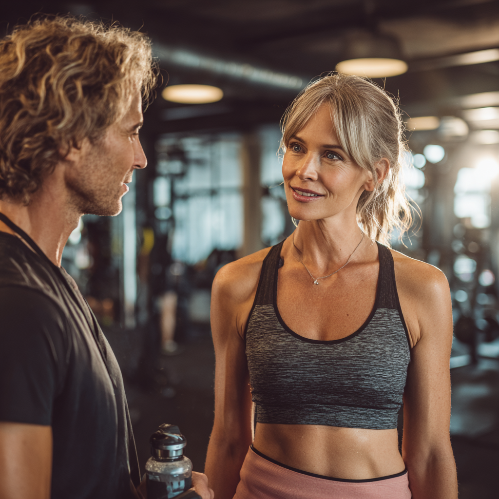 Confident middle-aged woman in her 50s wearing athletic wear, smiling while holding dumbbells in a modern fitness studio, representing healthy active lifestyle for mature adults